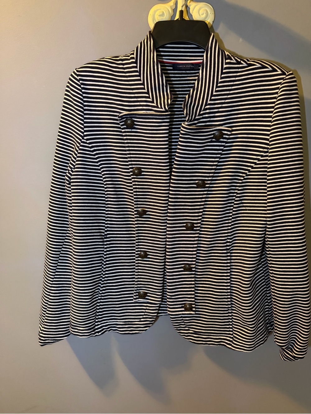 Tommy Hilfiger Black and White Striped Double-Breasted Blazer